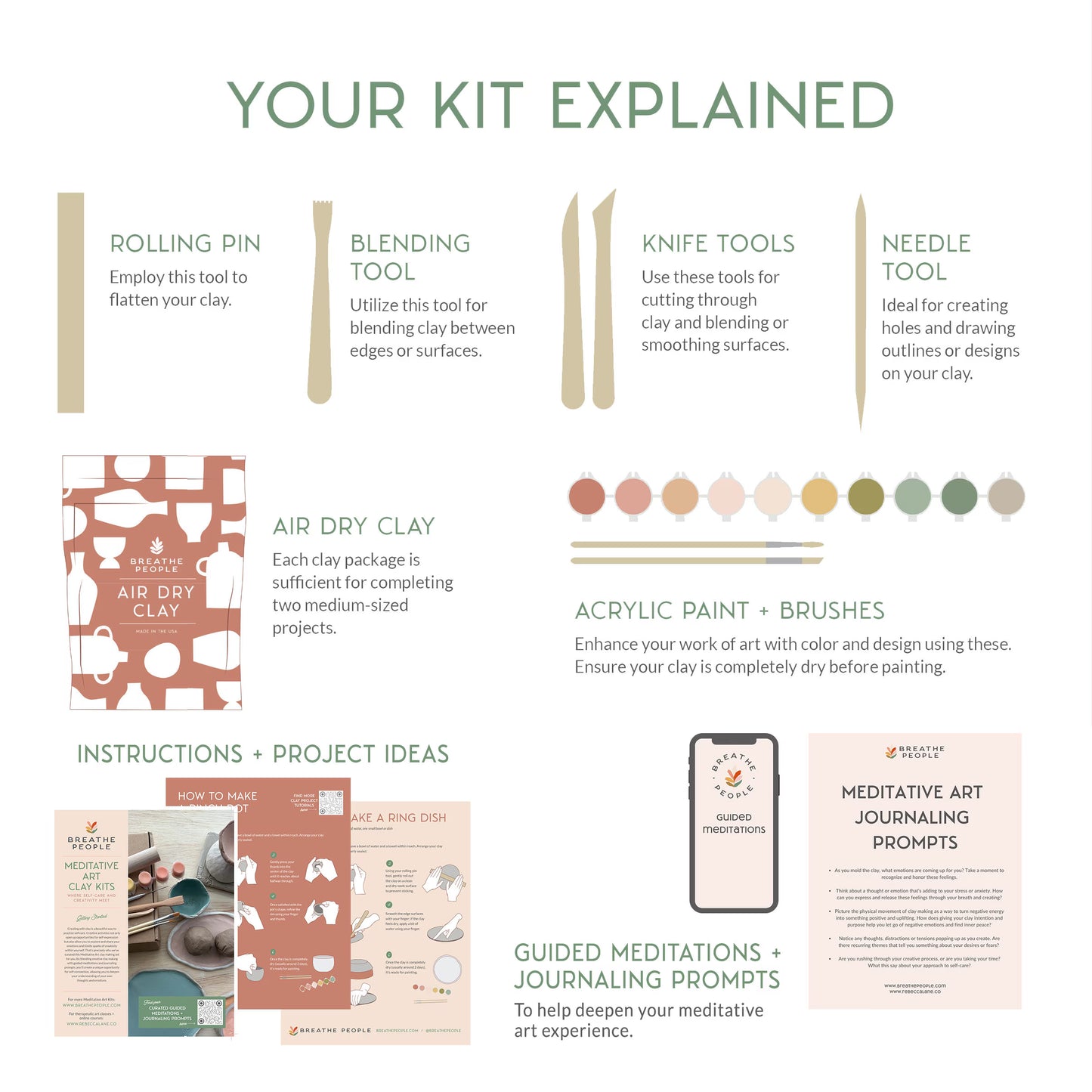 Deluxe Meditative Art Air Dry Clay Kit + Meditations and Journaling, Beginner Pottery Kit, DIY Clay, Self-Care Craft Kit for Adult Crafts